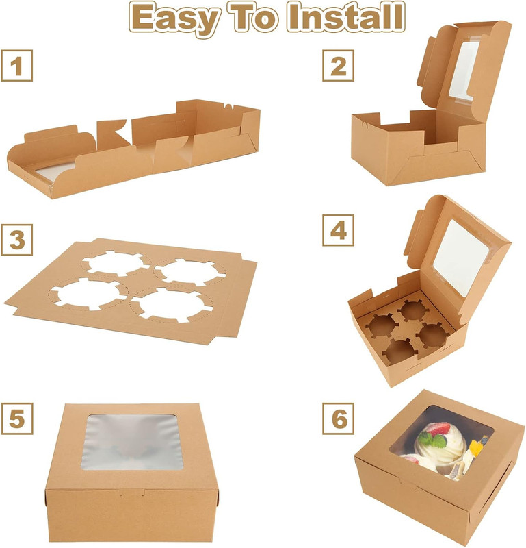 100 PCS Cupcake Boxes 4 Count Cupcake Containers Brown Kraft Paper Cupcake Boxes gallery