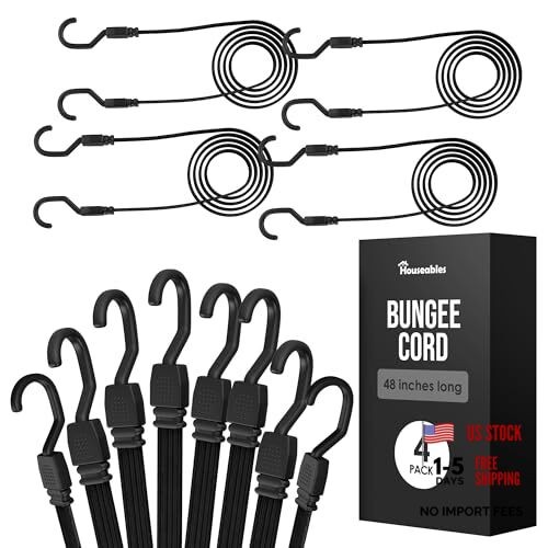 Bungee Cords with Hooks – Rubber – 48 Inch – 4 Black – Long