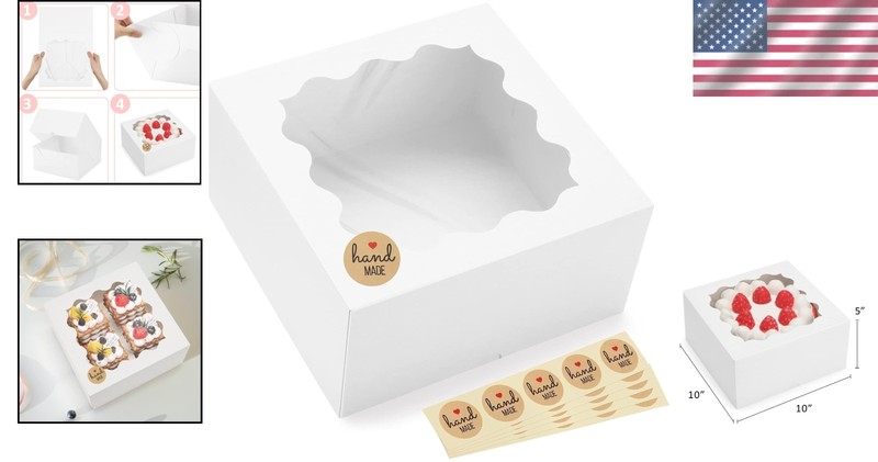 Auto-Popup 10X10X5 Cake Boxes with Window, 24Pcs Quick Fold Brown Bakery Boxes, gallery