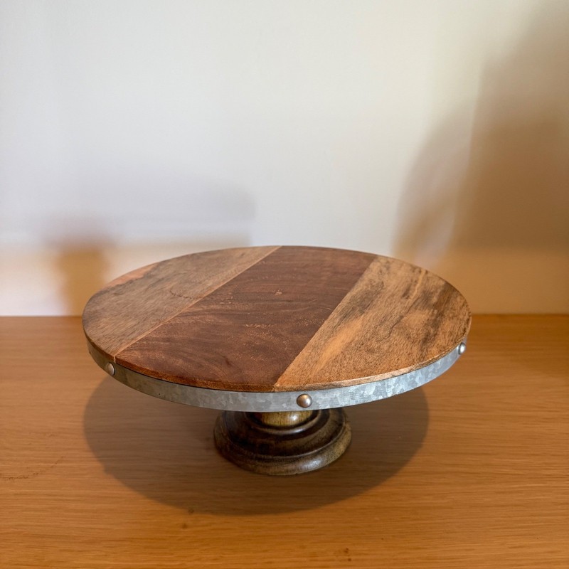 Rustic Wood Cake Stand Galvanized Metal Trim Rivets Farmhouse Pedestal 13″-6″