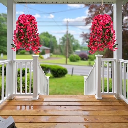 Artificial Fake Hanging Flowers Plants for Outdoor Outside 2Pcs Rose Red gallery