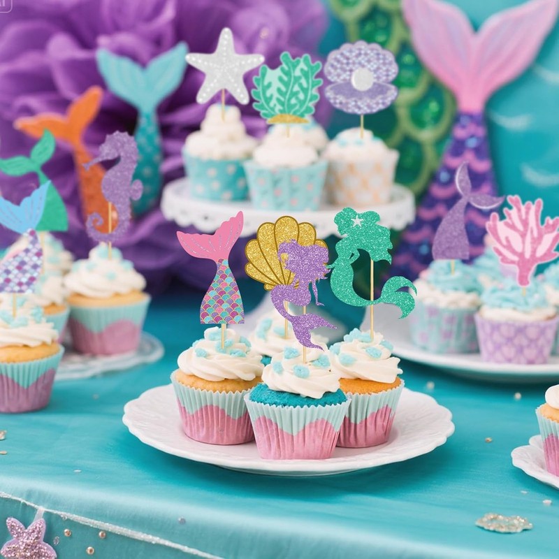 48 Pcs Mermaid Tail Cupcake Toppers Under The Sea Cake Decorations Birthday gallery