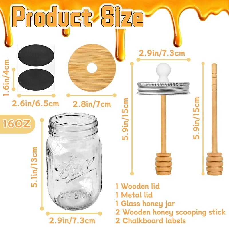 16 Oz Glass Honey Jar with Dipper,Glass Honey Pot with Lid,Mason Jar with Wooden gallery