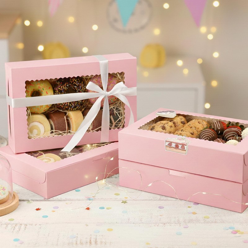 24 PCS Pink Cookie Bakery Treat Boxes Clear Window For Desserts 12x8x2.5 In gallery