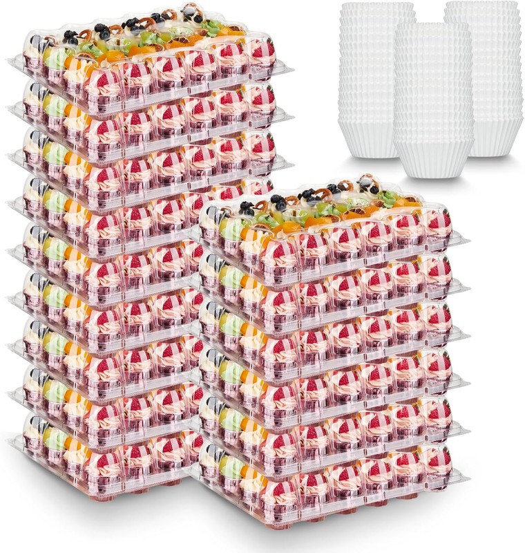 Hlukana (24 Pack x 15 Sets) Mini Cupcake Containers with 375 Pack Cupcakes Liner