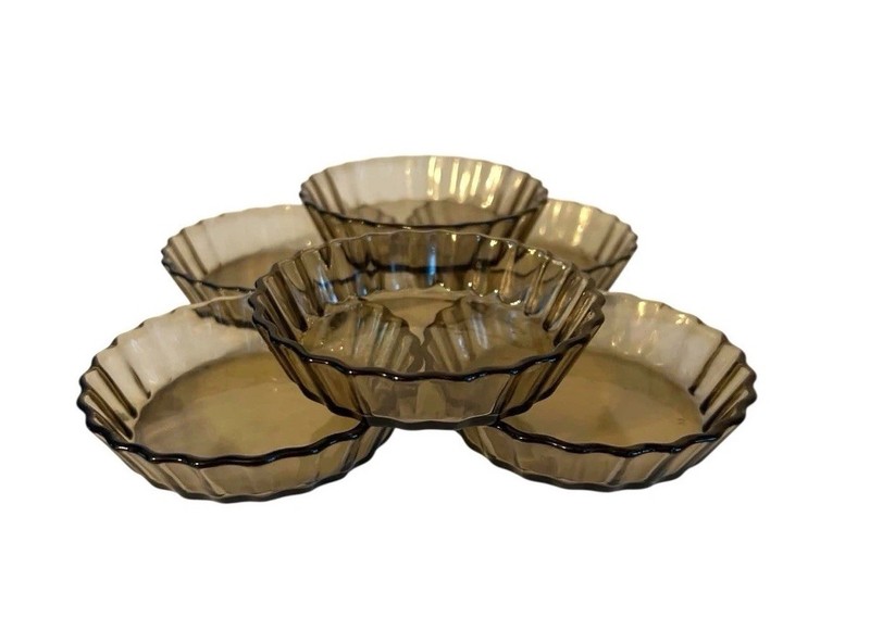 Vintage Arcopal Smoked Glass Flan Dish, Fluted. Set of 6