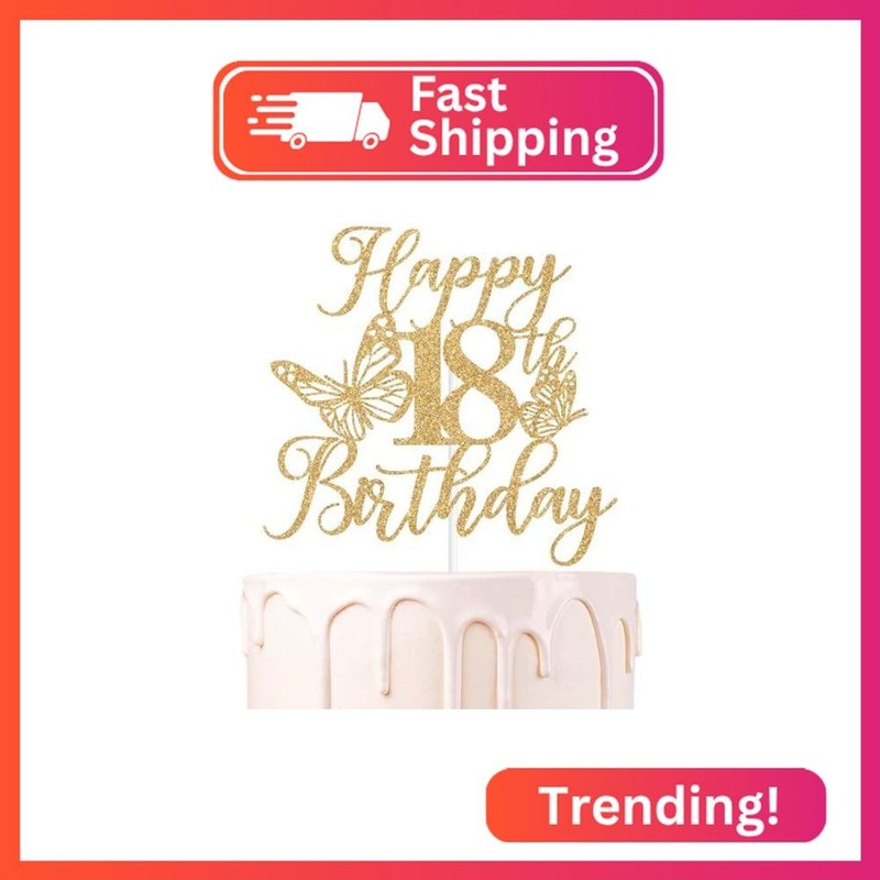 Gold Glitter Happy 18th Birthday Cake Topper, Cheers to 18 Years/Time to Adult,