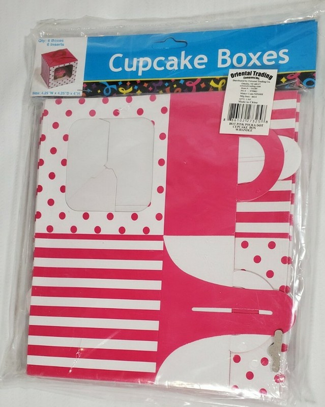 New Hot Pink Polka Dot Cupcake Boxes With Handle - Party Supplies 6 Boxes