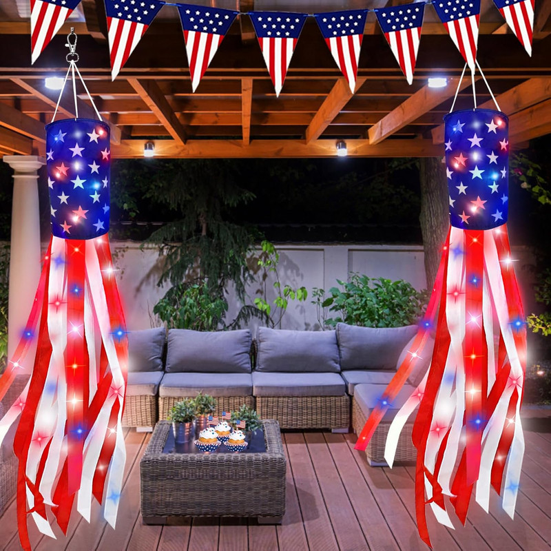 2 Pack 60 Inch American Flag Windsock with Red White Blue LED Lights, 250Th gallery