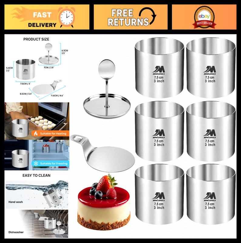 6 Pack Seamless Stainless Steel Cake Molds, 3-Inch Dessert Rings with Pusher & L