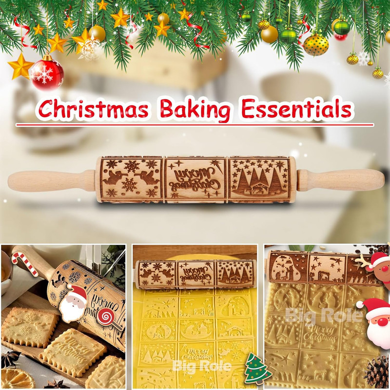 Christmas Embossed Rolling Pin for Baking Cookies Embossing Rolling Pins with De gallery