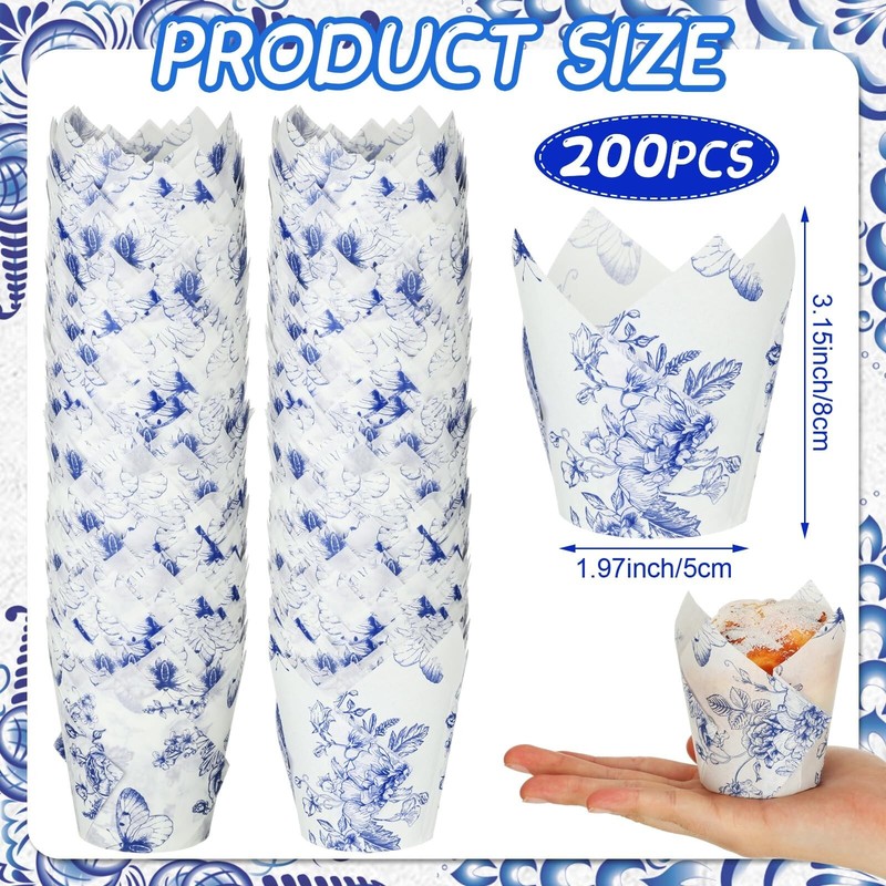 Gerrii 200 Pcs Chinoiserie Blue White Flower Tulip Cupcake Liners Paper Mini ... gallery