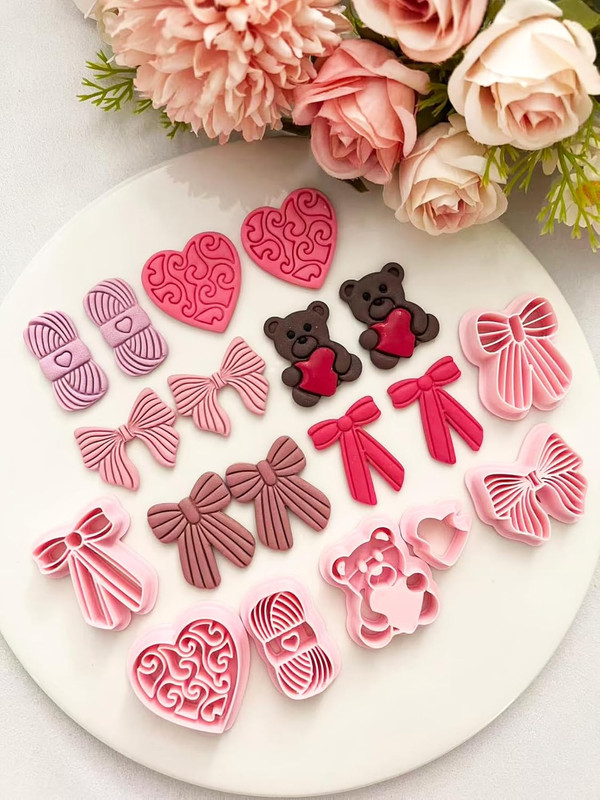 Valentines Polymer Clay Cutters Set- 7Pcs Heart & Love Bow, Bear, Mini Embossed gallery