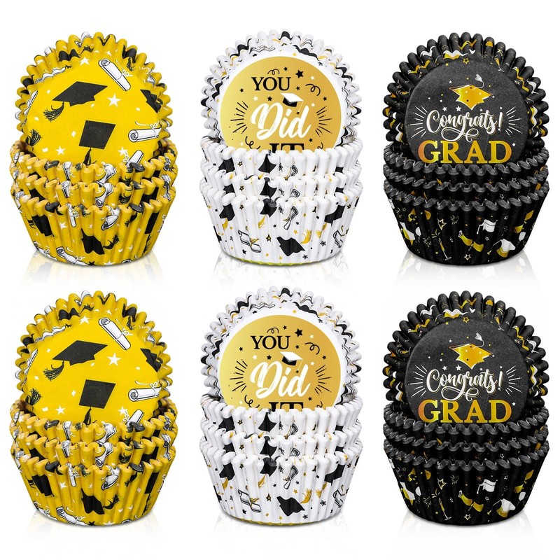 300Pcs Graduation Cupcake Liners Congrats Grad Yellow White Black Multicolore…