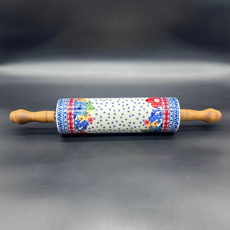 Pioneer Woman Ceramic Rolling Pin Dazzling Dahlias Retired Acacia Wood Handles gallery