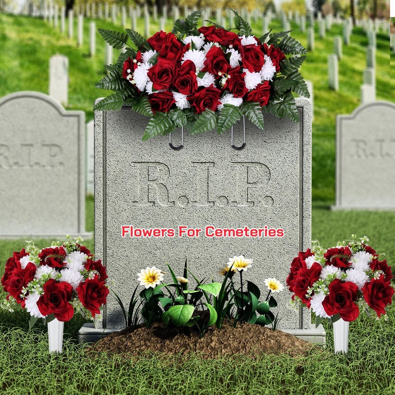 Tigeen 3 Pcs Artificial Cemetery Flowers For Grave Memorial Flowers Funeral gallery