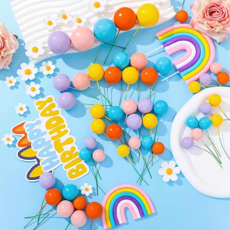 63 Pcs Cake Toppers with Balls Daisy Rainbow Cake Topper, Blue Cake Topper gallery
