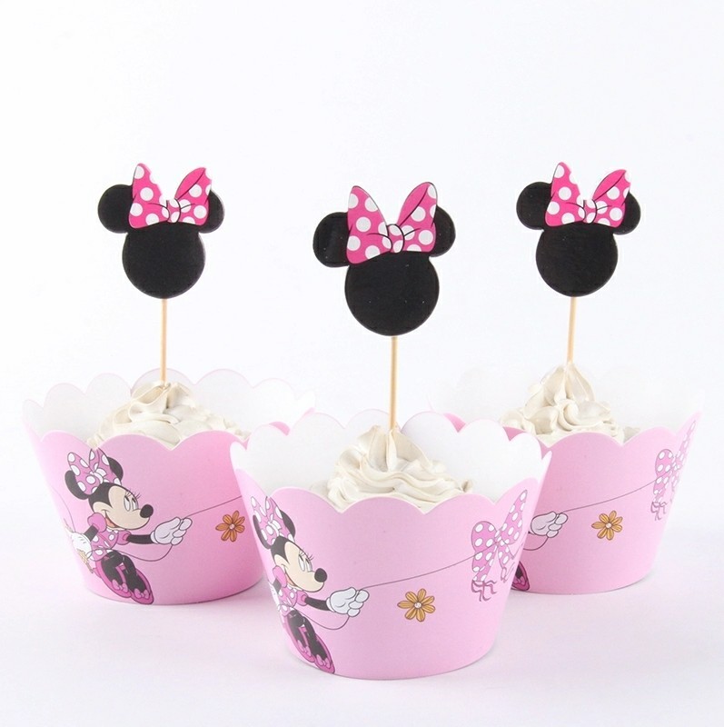 48 Pcs, 24 minnie mouse Cupcake Wrappers & 24 Toppers Kids Birthday Party Supply
