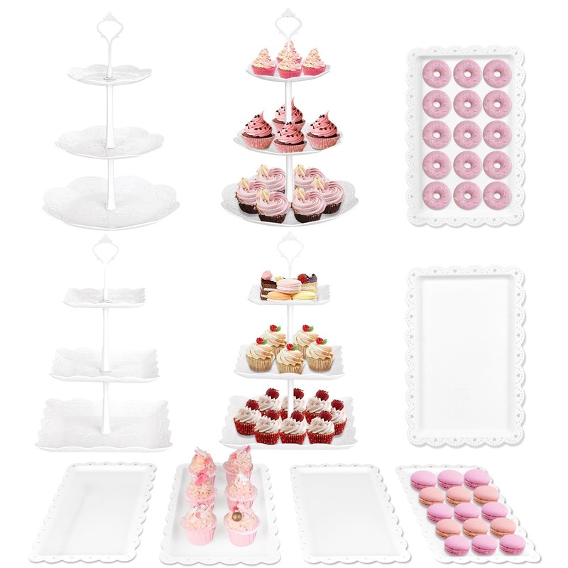 10 Pcs Cake Stand White Plastic Dessert Table Stand Set 4 Pcs 3 Tired Cupcake Di