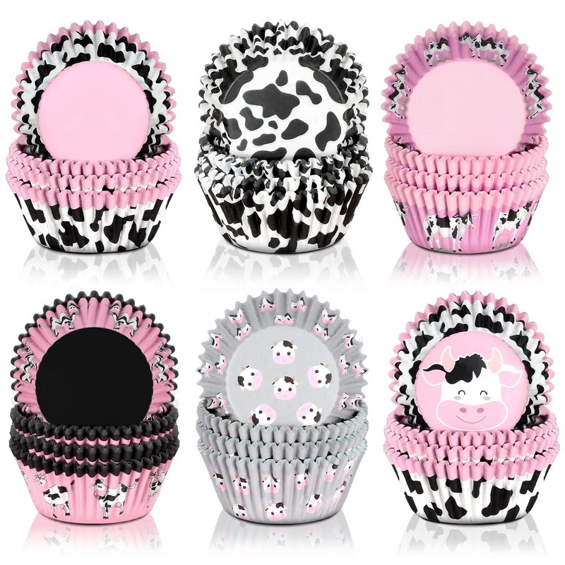 600 Pcs Cow Print Cupcake Liners Wrappers 2 x 1.2 Inch Cute Pink Muffin Cup P…