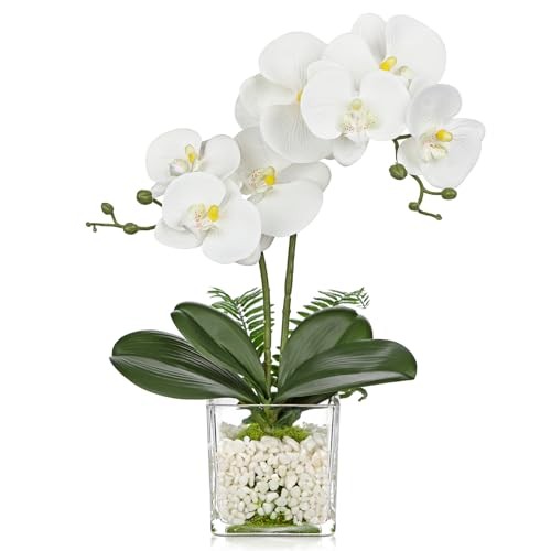 White Orchids Artificial Flowers 16.1" Faux Orchids White Orchid &Green Moss gallery