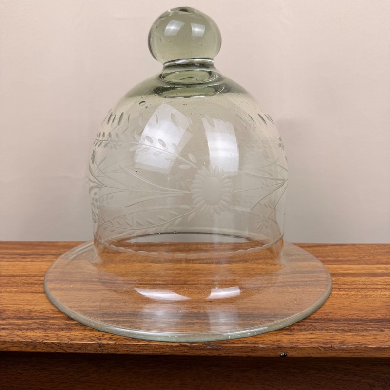 Vintage Bedford Etched Glass Cloche Floral Wheat Dome Cake Cover Clear