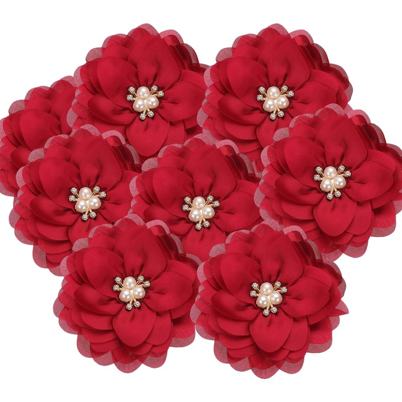 10Pcs 3.15 Inch Rhinestone Chiffon Flower Fabric Appliques Wine Red