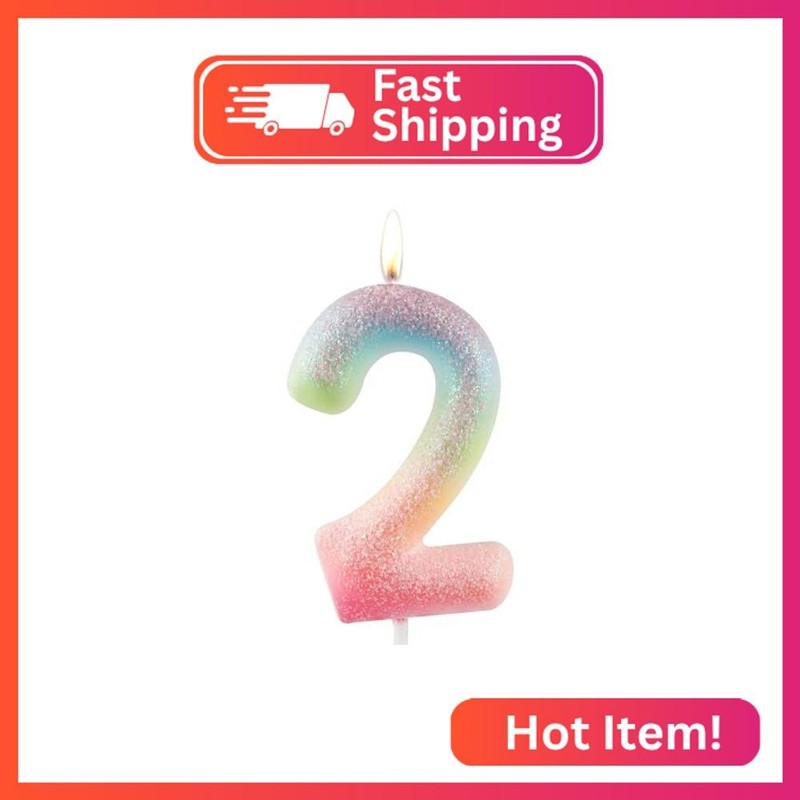 Zolunu Glitter Colorful 2nd Birthday Candle, Birthday Number 2 Candle Cake Toppe