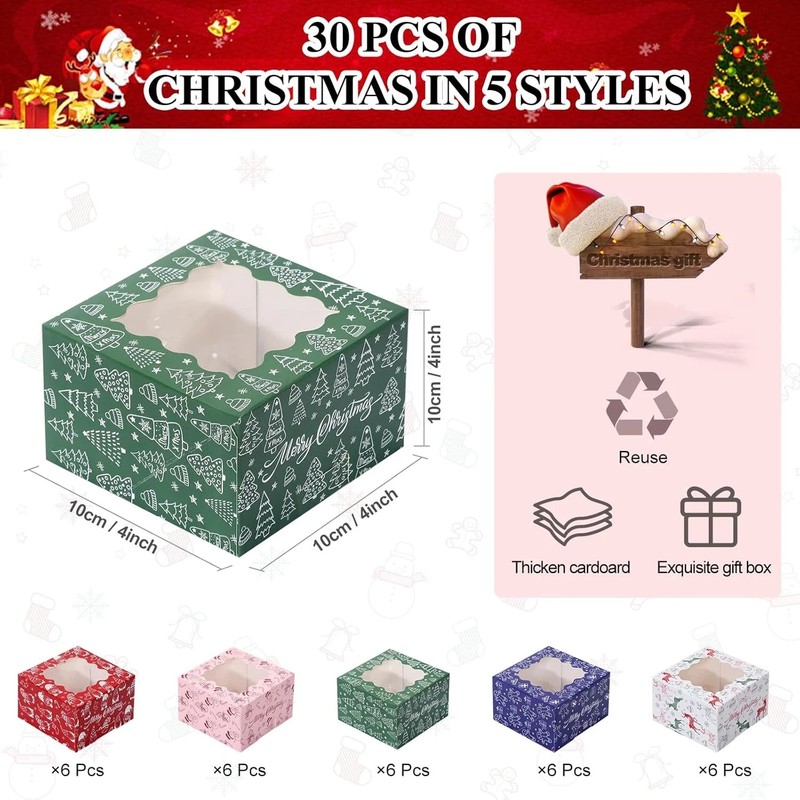 30Pcs Christmas Cookie Boxes for Gift Giving, 4X4X2.5 Inch Bakery Box with Windo gallery