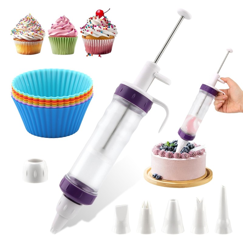 Dessert Decorating Syringe Set with 5 Icing Nozzles, 2 Connector Rings, 8 Cups