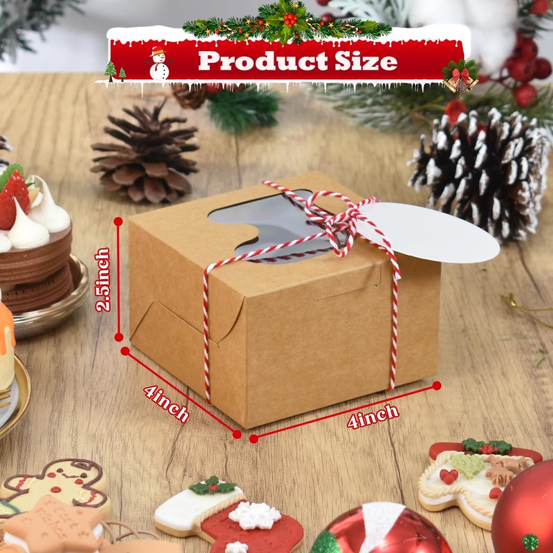30 PCS 4x4x2.5 Inch Christmas Cookie Boxes Window Brown Bakery Mini Cake Box gallery