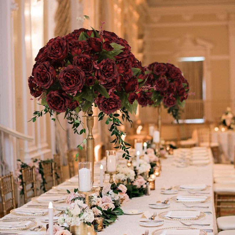 Artificial Peony Silk Flowers, Burgundy Faux Peony Bouquet 4 Bundles Home Decor gallery