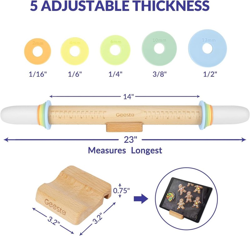 Adjustable Wood Rolling Pin with 5 Thickness Rings, Precise Dough Roller Hand... gallery