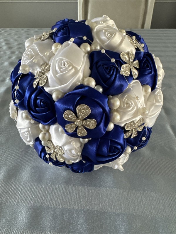 Bouquet Bridal Holding Wedding Bouquet Royal Blue, And White W/ Jewels & Pearl gallery