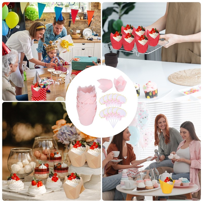 100Pcs Tulip Cupcake Liners with 10Pcs Cheese Markers Solid Liners, Light Pink gallery