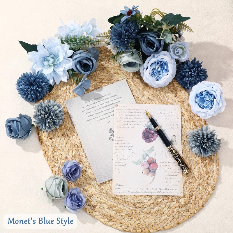 Zeyune 12 Bundles Gradient Blue Artificial Flowers Peonies Silk Dahlia Faux gallery