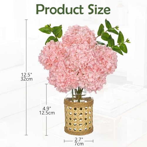 Pink Hydrangea Artificial Flowers in Woven Glass Vase with Pink-woven Vase gallery