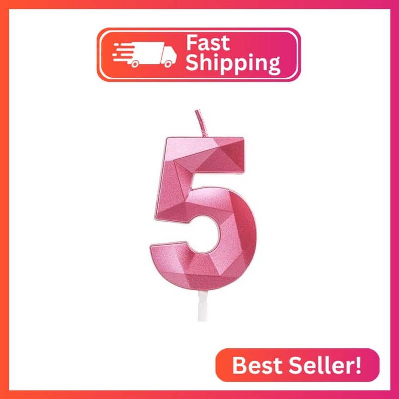 Number 5 Candles,5th Birthday Candles, Pink Happy Birthday Candle for Cake,3D De