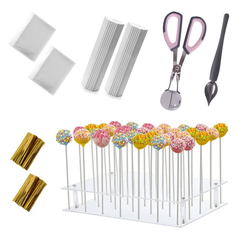 Cake Pop Making Kit - 200 Lollipop Sticks, Clear Wrappers, Display Stand & Tools gallery