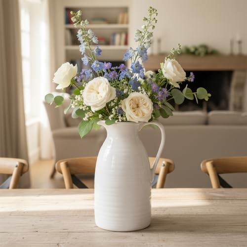 Farmhouse Pitcher Vase for Flowers- Ceramic Pitcher White White - Pitcher Vase gallery