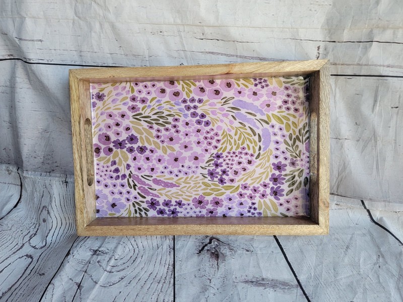 Mango Wood Lilac Purple Floral Acrylic Top Serving Tray Decrative Tray Makeup