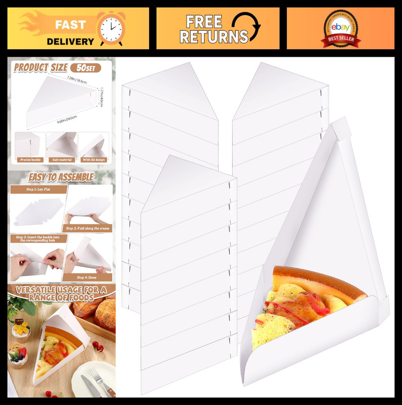 50 Pcs Disposable Pizza Slice Boxes – Bulk Triangle Paperboard Wedge Trays for P