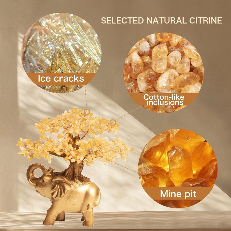 Gemboury Citrine Crystal Money Tree On Gold Mini Elephant Statue 10Gemstone gallery