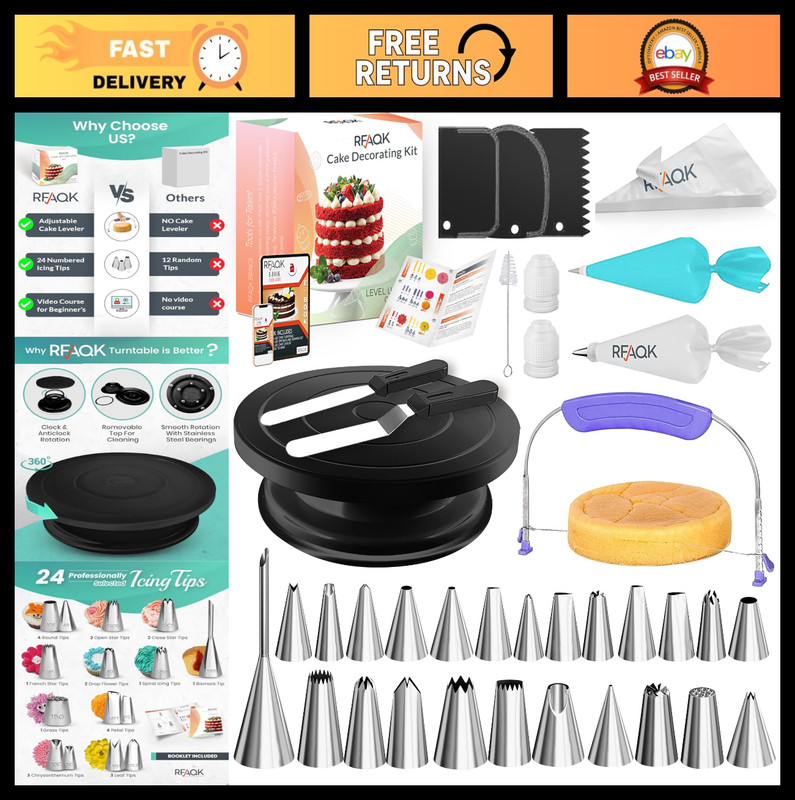 90PC Cake Decorating Kit – Leveler, Turntable, 24 Icing Tips, Piping Bags & More