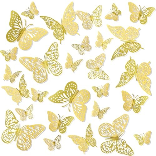 Butterfly Decorations, 3D Gold Butterflies Wall Decor Cake 24 PCS Gold 3