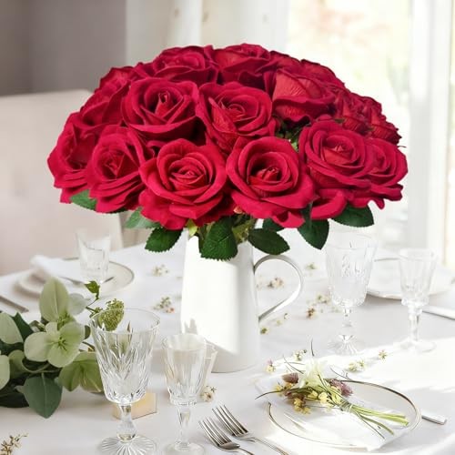 Pcs Roses Artificial Flowers with Stems，Fake Roses Bouquet Fake Flowers 50 Red gallery