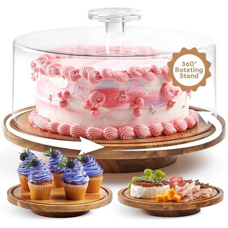 360 Rotating Cake Stand W/ Lid Acacia Wood Display Shatterproof Turntable New gallery
