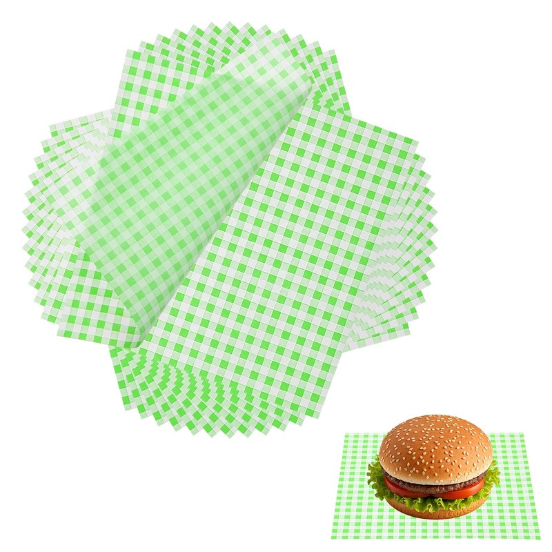 100 Pcs Wax Paper Sheets, 8.7 x 8.7″ Checkered Square Wrapping Paper, Green