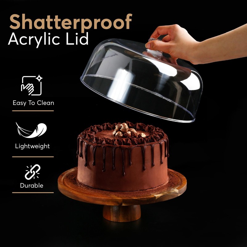2-in-1 Acacia Wood Cake Stand with Lid, Cake Stand with Acrylic Dome Light We... gallery