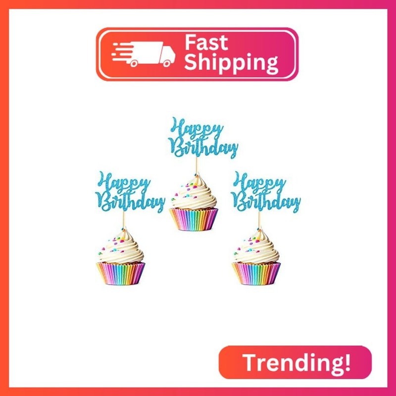 Arthsdite Pack of 48 Pre-Assembled Blue Glitter Happy Birthday Cupcake Toppers C